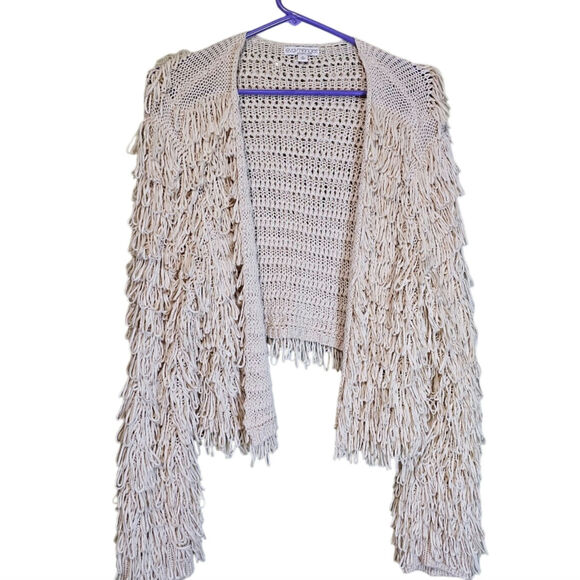 Eva Mendes by New York & Company Sweaters - Eva Mendes Fringe Cardigan Women's Cropped Size XL Western Neutral Festival